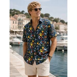 Fried Denim Short Sleeve Button Down Navy w/ Lemons and Flowers Shirt NWT Size L